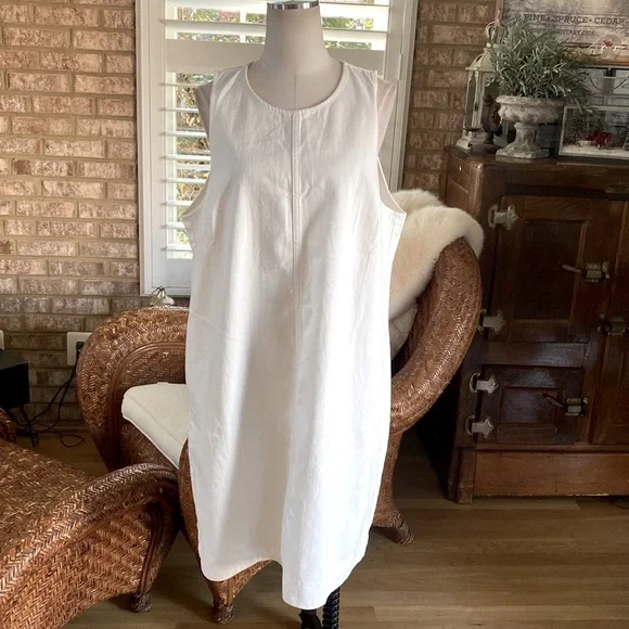 j crew white denim shift dress J. Crew Overall Style Sleeveless Denim Midi Stretch Dress Front Slit L White